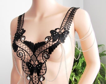 Sexy Butterfly Shoulder Dangle Chain Bib Lace Body Necklace, Harness Black Lingerie Handmade Bustier Top / FREE SHIPPING