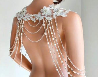 Pearl Bridal Gown Shoulder Necklace, Handmade Floral Wedding Dress Accessories, Shoulder Straps Pearly Jewelry