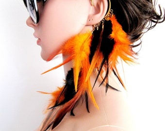 Orange-Black  Single Sided Long Feathers Gold Ear Cuff Accessory,Woman Fashion, Handmade Jewelry/ FAST SHIPPING