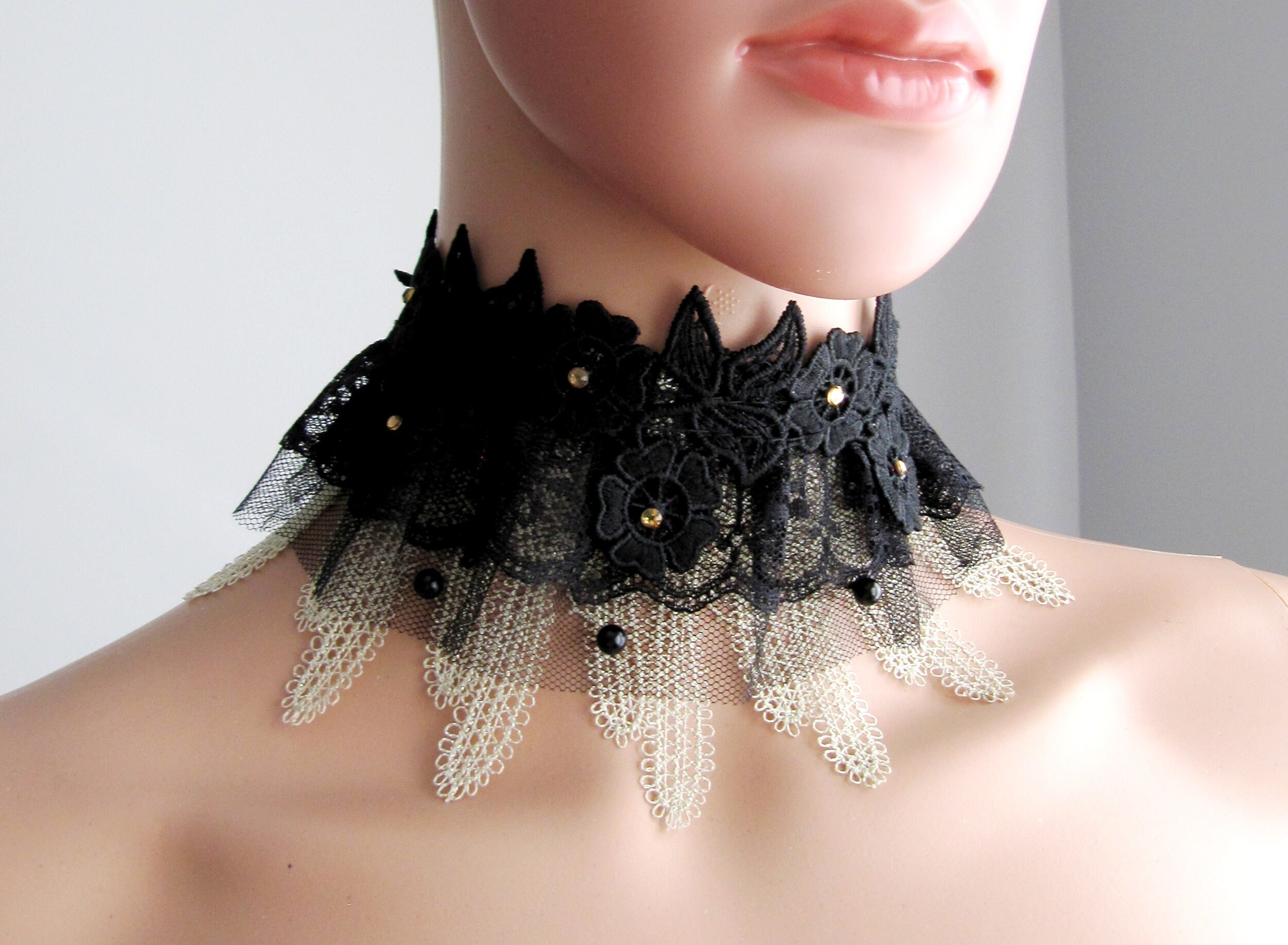 Ruffled Tulle Beaded Black Floral Tulle Choker Embellishment - Etsy