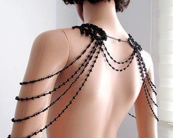 Black Floral Shoulder Body Necklace , Handmade Lace Jewelry, Wedding Dress Accessories, Pipe Beaded Jewelry/ FREE SHIPPING