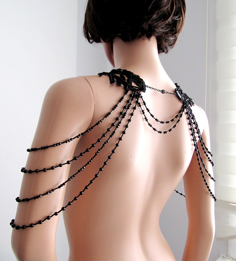 Black Floral Shoulder Body Necklace , Handmade Lace Jewelry, Wedding Dress Accessories, Pipe Beaded Jewelry/ FREE SHIPPING image 1
