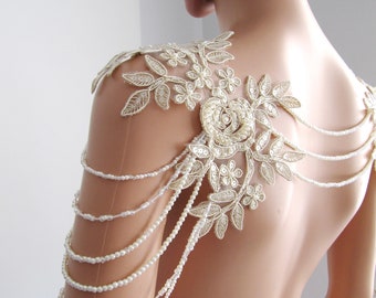 Champagne Bridal Gown Shoulder Necklace, Pearly Lace Shoulder Jewelry, Detachable Lace Jewelry, Jewelry For Bride / FREE SHIPPING