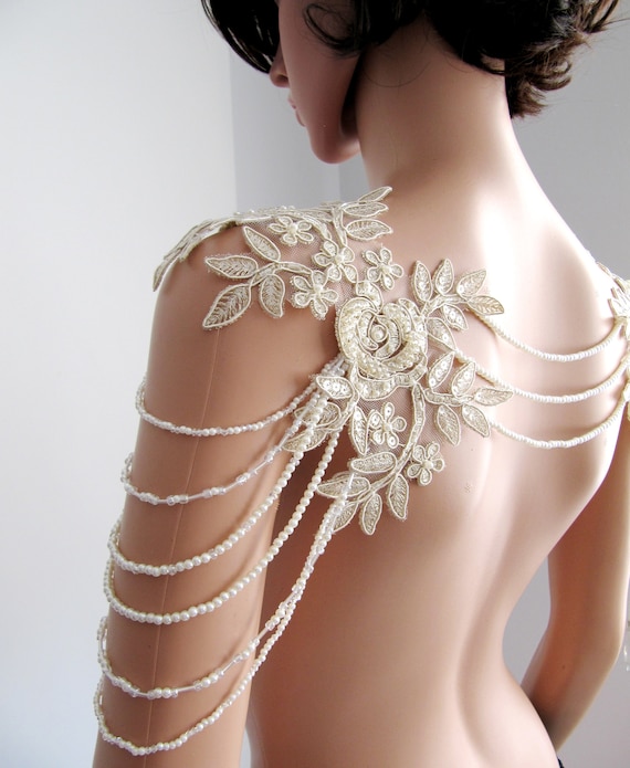 Champagne Bridal Gown Shoulder Necklace Pearly Lace Shoulder Jewelry Detachable Lace Jewelry Jewelry for Bride FREE SHIPPING Etsy UK