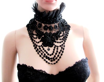 Ras de cou gothique en dentelle noire avec perles, bijoux en dentelle faits main, collier Halloween en dentelle florale noire