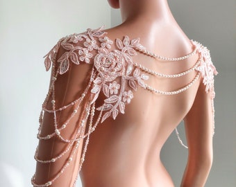 Pure Pink Pearl Wedding shoulder Jewelry, Bridal Gown Shoulder Necklace, Pearly Light Pink Lace Shoulder Jewelry / FREE SHIPPING