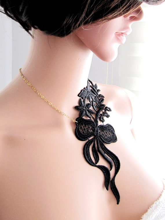 Floral Bow Pendant Necklace in Black with Pink & Blue Accents Black Floral Bow Necklace: Handmade Asymmetrical Jewelry  main image 4