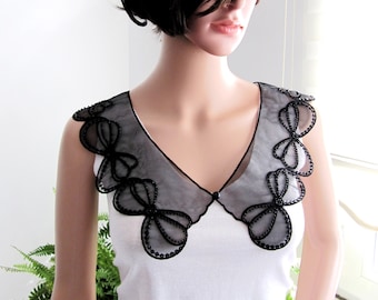 BUY 1 GET 1 FREE ! Black Tulle Collar Accessories, Oversized Beaded Organza Tulle Detachable Lace Collars, Gifts For Her
