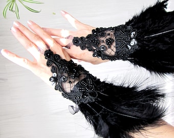 Halloween Jewelry, Wedding Cuffs Wrist Long Feather Lace Fingerless Jewelry, Handmade Bracelet Lace Boho Party Accessories