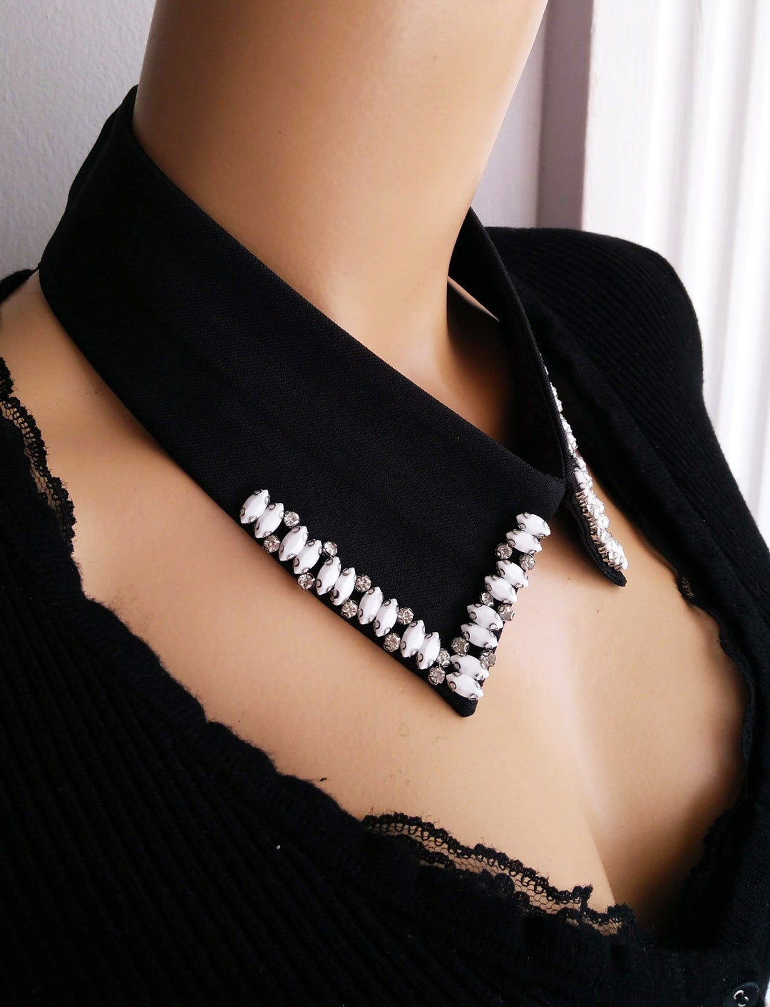 Handmade Black Detachable Collar: White Beaded Neck Accessory, Costume ...