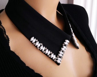 BUY 1 GET 1 FREE ! Oval White Beaded and Tiny Crystal Stones, Black Handmade Detachable Collars, Woman Neck Accessory , Gifts For Her