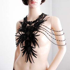 Black Floral Shoulder Body Necklace , Handmade Lace Jewelry, Wedding Dress Accessories, Pipe Beaded Jewelry/ FREE SHIPPING Black