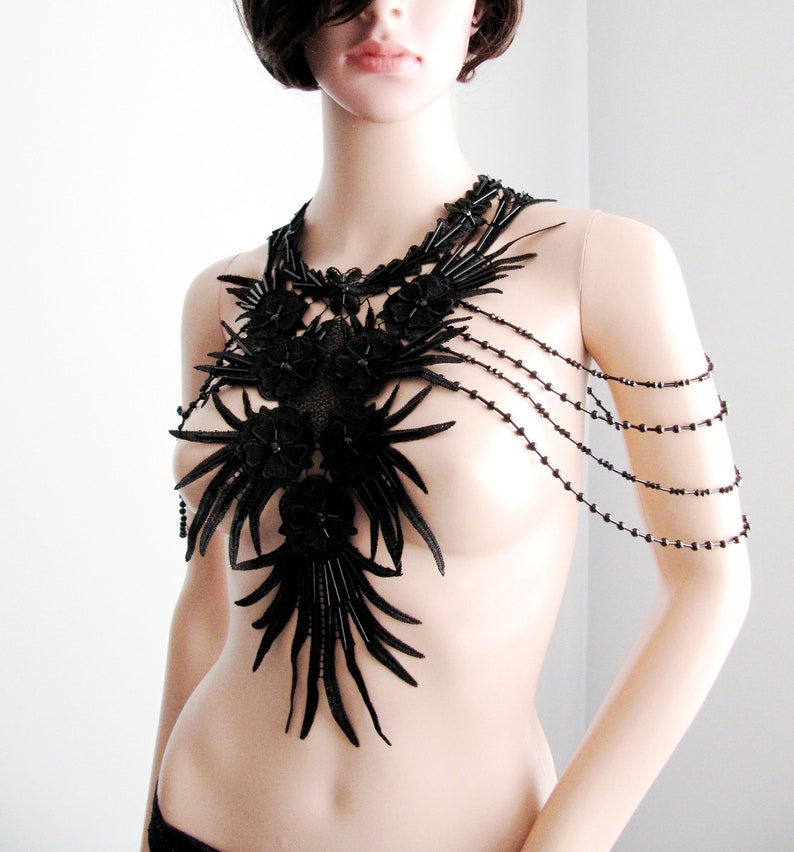 Black Floral Shoulder Body Necklace , Handmade Lace Jewelry, Wedding Dress Accessories, Pipe Beaded Jewelry/ FREE SHIPPING Black