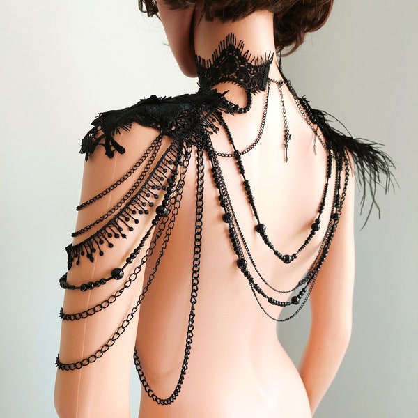 Victorian Mourning, Gothic Body Bustier Chain&Beads Jewelry, Shoulder Epaulettes, Handmade Jewelry, Feather Body Jewelry, Shoulder Necklace
