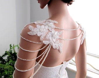 Floral Off White Shoulder Necklace, Pearly Beaded Handmade Lace Shoulder Jewelry, Bridal Gown Jewelry / FREE SHIPPING