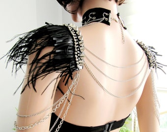 Chain Harness  Shoulder Jewelry , Black  Feather Spyked Shoulder Chain Necklace, Handmade Chain Jewelry/ FREE SHIPPING