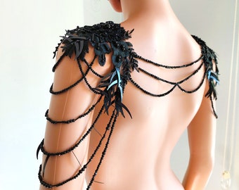 Asymmetrical Shoulder Lace Jewelry, Black Lace Shoulder Necklace, Handmade Lace Jewelry, Beaded Lace Necklace