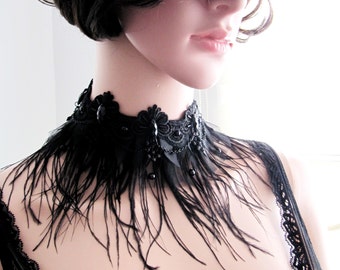 Gothic Black Chain Lace Ostrich Feathers, Handmade Jewelry, Halloween Party Accessories, Gifts For Sister/ FREE SHIPPING