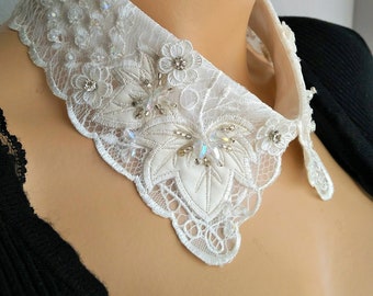 Floral Detachable Accessories , Crystal Beaded Handmade Lace Collars