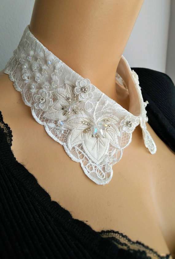 Floral Detachable Accessories , Crystal Beaded Handmade Lace Collars