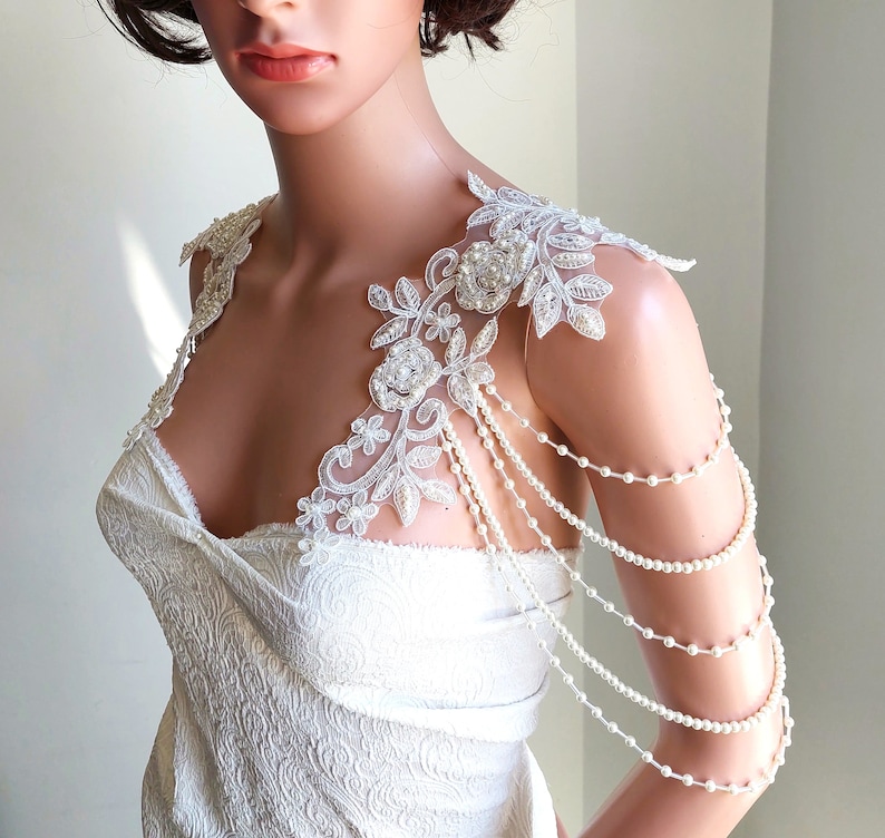 Bridal Gown Shoulder Necklace, Pearly Handmade Roses Lace Shoulder Jewelry, Detachable Lace Jewelry/ FREE SHIPPING image 2