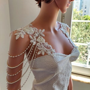 Bridal Gown Shoulder Necklace, Pearly Handmade Roses Lace Shoulder Jewelry, Detachable Lace Jewelry/ FREE SHIPPING image 7