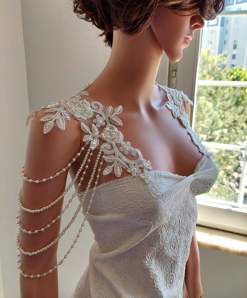 Bridal Gown Shoulder Necklace, Pearly Handmade Roses Lace Shoulder Jewelry, Detachable Lace Jewelry/ FREE SHIPPING image 7