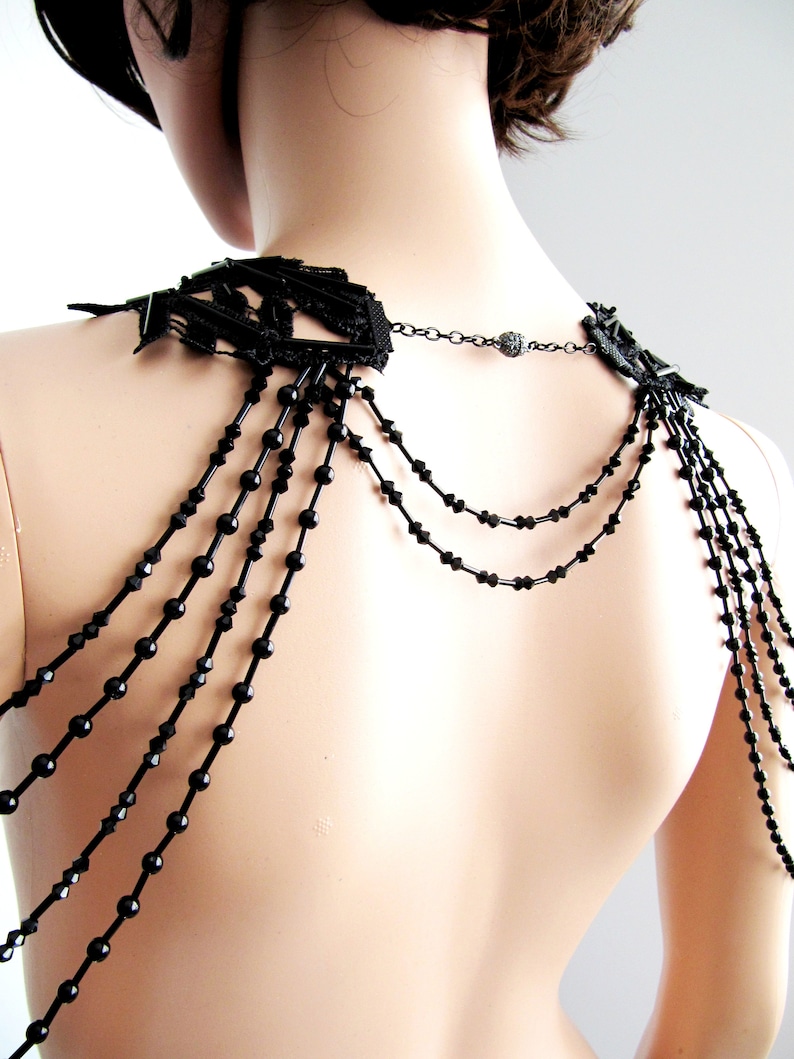 Black Floral Shoulder Body Necklace , Handmade Lace Jewelry, Wedding Dress Accessories, Pipe Beaded Jewelry/ FREE SHIPPING image 4