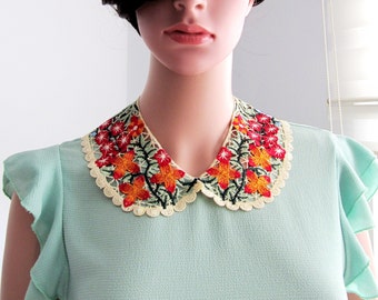 BUY 1 GET 1 FREE ! Emboridery Colorful Flowers Lace Detachable Collar, Woman Neck Accessory, Handmade Boho Collar