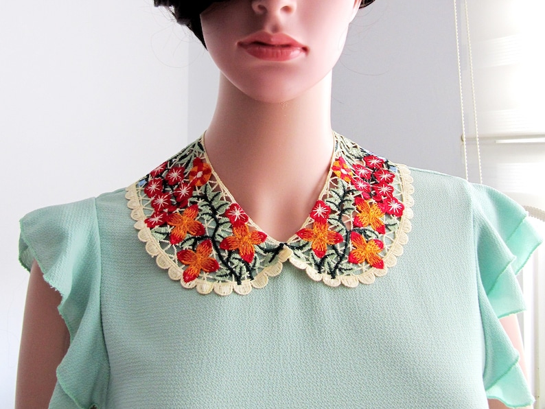 BUY 1 GET 1 FREE Emboridery Colorful Flowers Lace Detachable Collar, Woman Neck Accessory, Handmade Boho Collar image 1