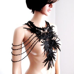 Black Floral Shoulder Body Necklace , Handmade Lace Jewelry, Wedding Dress Accessories, Pipe Beaded Jewelry/ FREE SHIPPING image 5