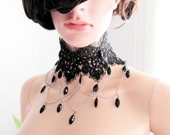 Halloween Black Lace Dangle Choker Embellishment with Rhinestones and Beaded, Handmade Lace Jewelry