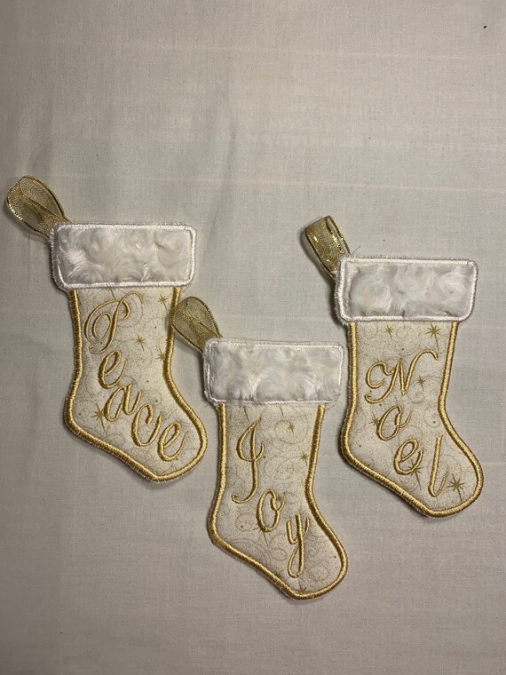 Set of 2 Vintage Handmade Christmas Needlepoint Stockings Embroidery Peace  Noel