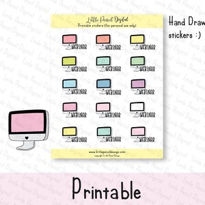 Può includere: Foglio di adesivi disegnati a mano con monitor di computer con la parola "WEBINAR" sullo schermo. I monitor hanno vari colori pastello. È visibile anche il testo "Little Pencil Digital" e "Printable".