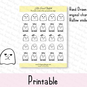 May include: Printable sticker sheet featuring hand-drawn, original ghost characters with various expressions. The stickers include phrases like "this is boo sheet" and "nope". The sheet is labeled "Little Pencil Digital".