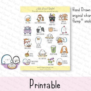 May include: A sheet of printable stickers with hand-drawn illustrations of "flump" characters and autumn themes. The designs include pumpkins, ghosts, and other seasonal elements. Text includes "Hand Drawn original character flump stickers :) "
