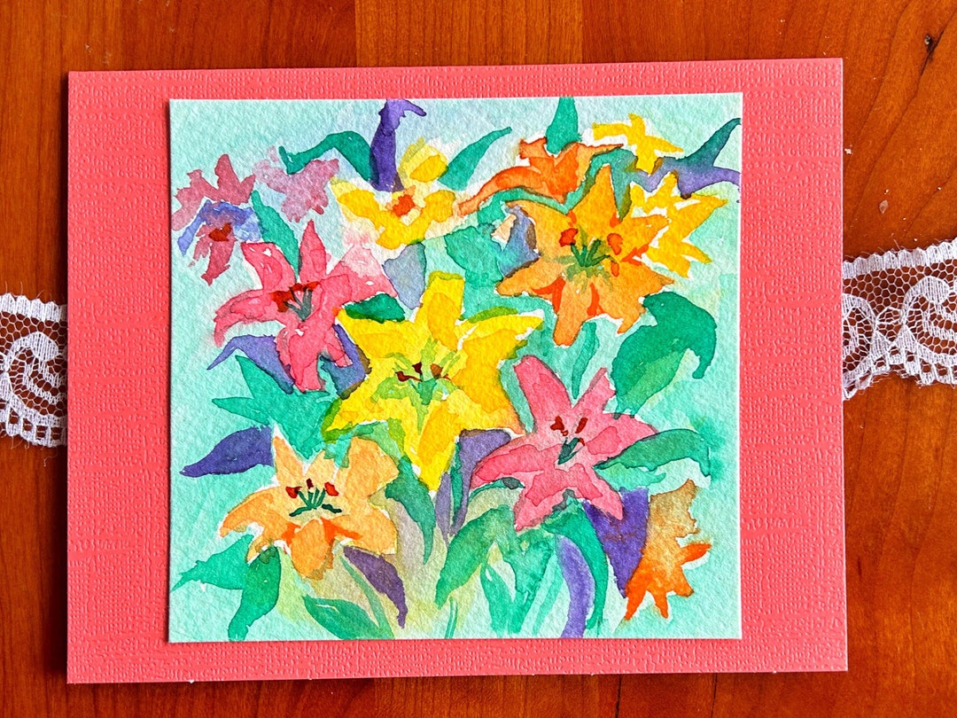 Watercolor Flowers Greeting Card Hand Painted Card Lilies Etsy