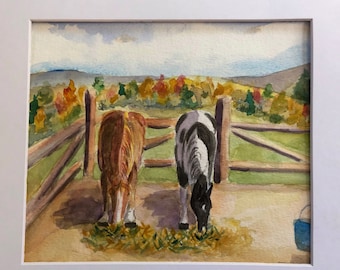 Vermont horse art, watercolor original equine friends painting