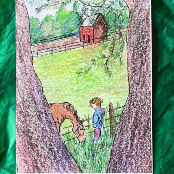 Handmade girl  and horse note card, brown haired girl blank card,  handmade sentimental horse and girl , granddaughter’s birthday