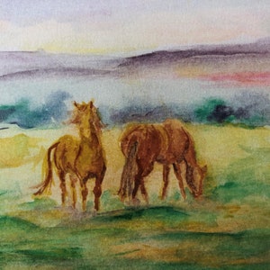 Handmade horse greeting card,  original design watercolor print horse card,  sunrise horse card, blank folded greeting card