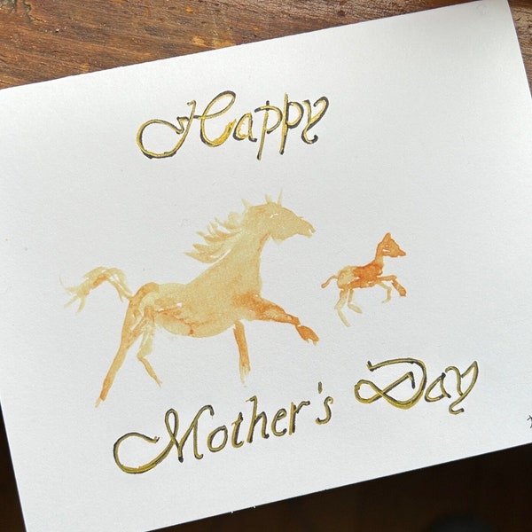 Mother’s Day card, handmade  horse  card for mom, minimalist  mare and foal art card , hand lettered equestrian wishes