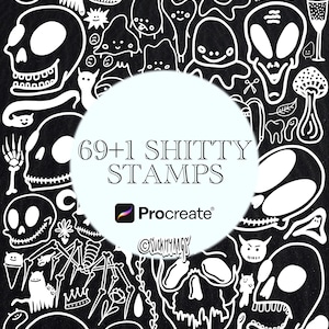 May include: Black and white digital illustration of 69+1 "shitty stamps" for Procreate. The stamps feature a variety of quirky and humorous designs, including skulls, aliens, cats, and other abstract shapes.