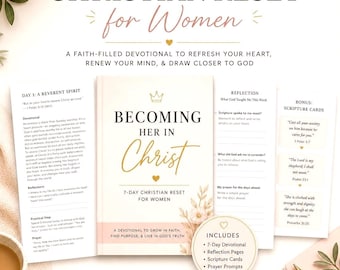 7 Day Christian Reset for Women | Devotional Journal PDF | Faith Based Bible Study Workbook | Scripture Cards
