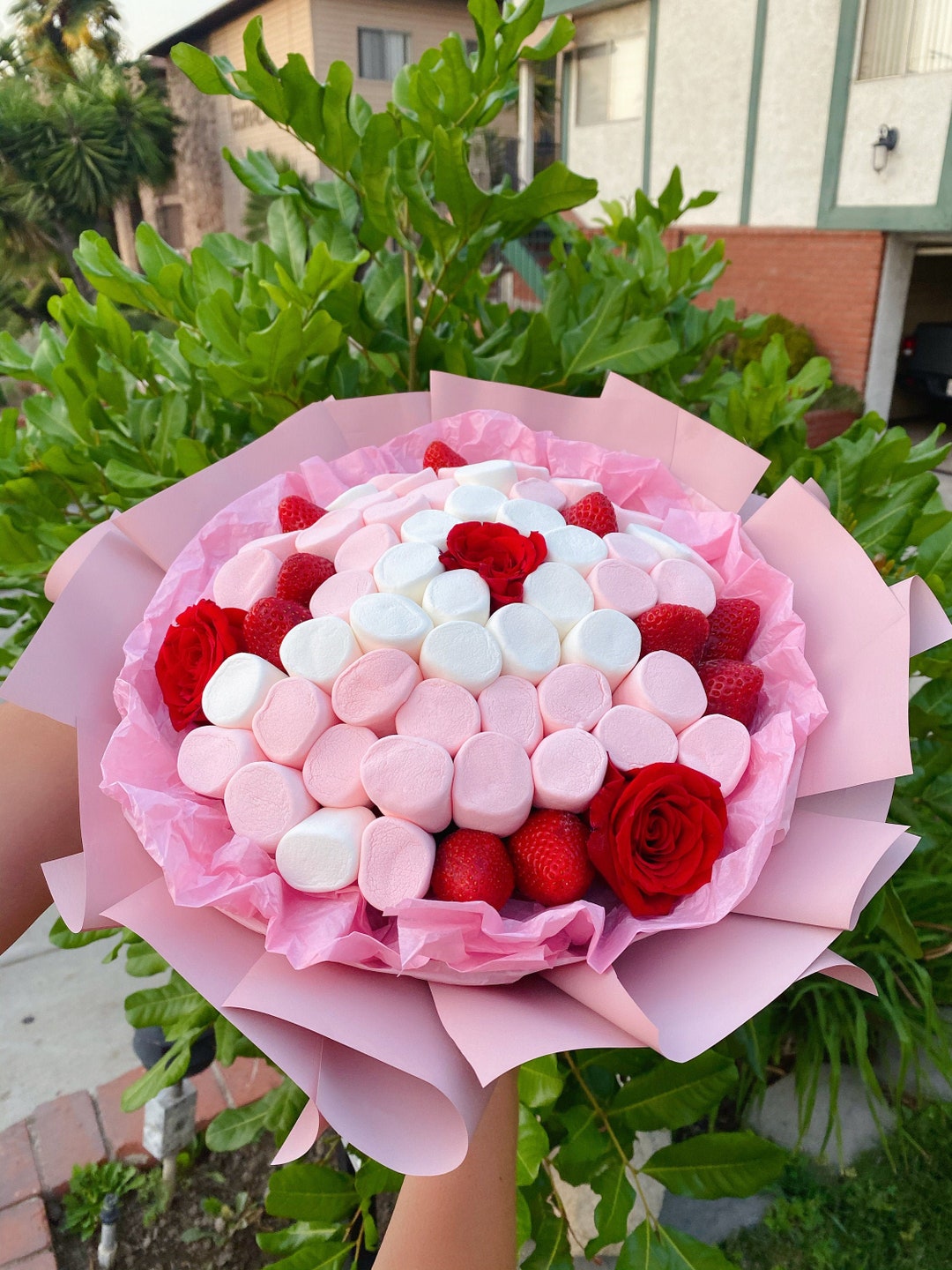 Sweet Handmade Gift Marshmallow Bouquet With Roses and Strawberry Etsy