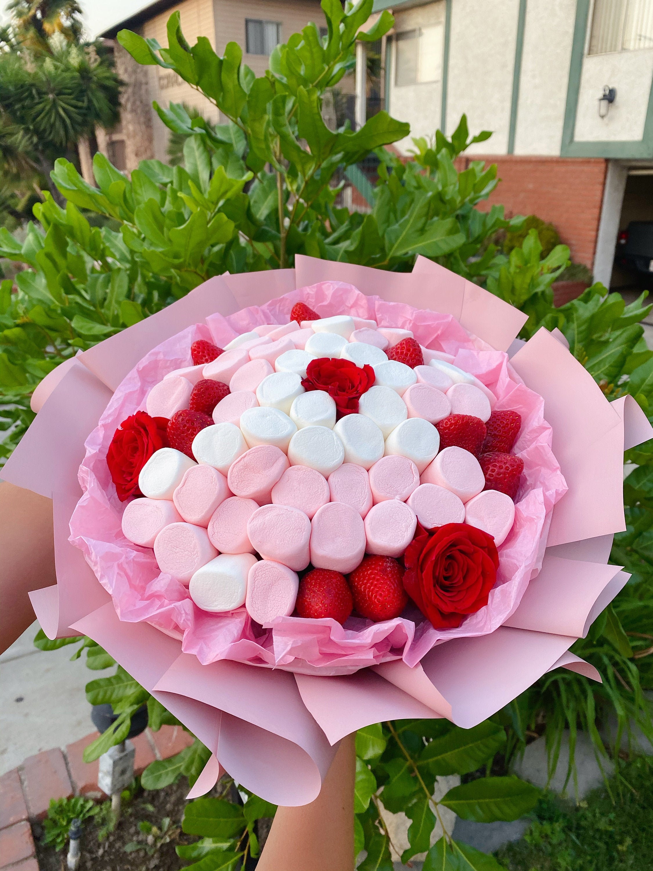 Sweet Handmade Gift Marshmallow Bouquet With Roses and Strawberry Etsy