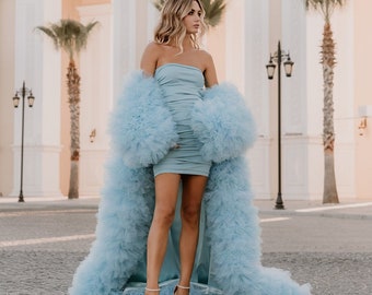 Andrea tulle coat + stretchy mini dress in custom color // Multiple size tulle ruffles and mini dress Hen party outfit ideas Engagement gown
