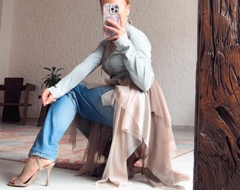 Unique design Overlay skirt Asymmetrical Hem and Tie waist midi hip scarf for jeans