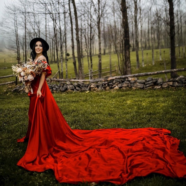 Alana red dress // Train length 2.5 mt (8.2 ft) Red wedding and engagement photo shoot session flying dress Red gown Satin dress