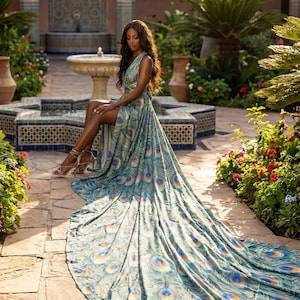 May include: A teal, blue, and orange peacock feather print dress with a long train. The dress has a high slit. The model is seated in a garden with a fountain and plants. The dress's train flows across the stone path.