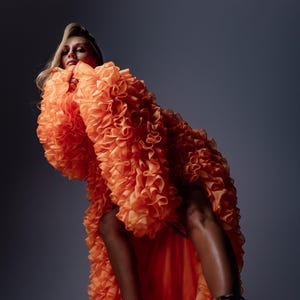 Sia maxi long coat in fiery tangerine orange color Festival outfit Artist costume
